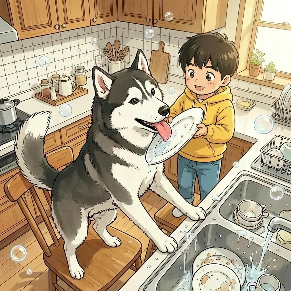 Illustration for: 二哈的洗碗法