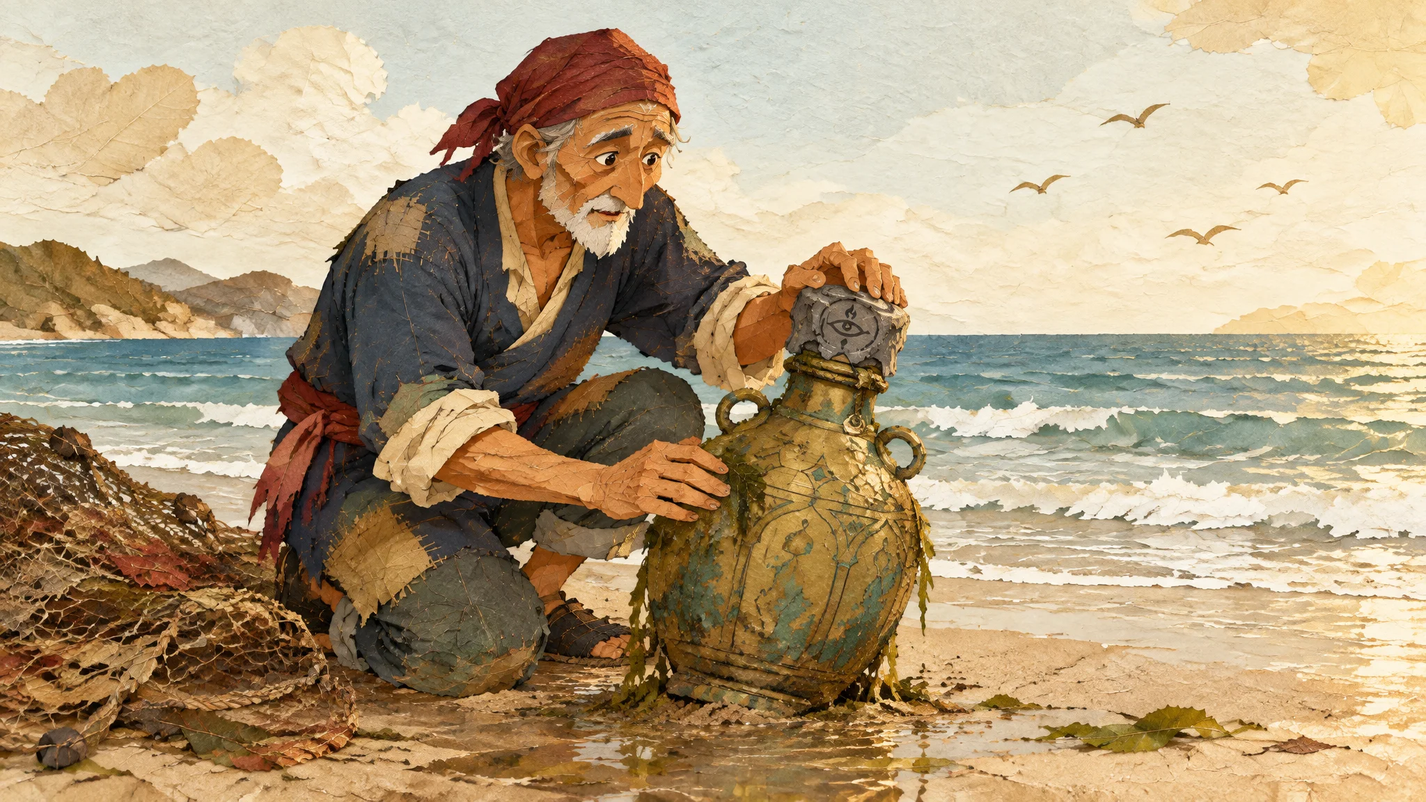 Illustration for: 海藻里的铜瓶